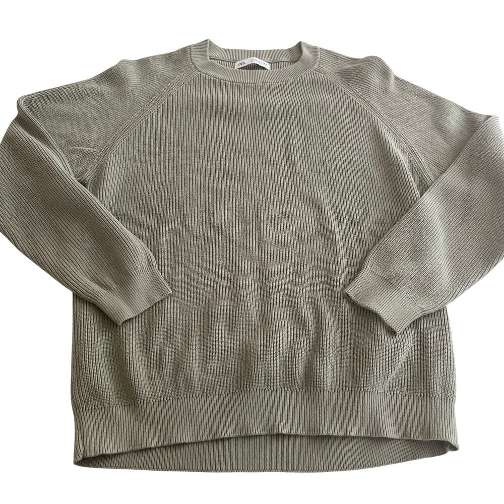 Zara Boys Light Green Ribbed Knit Crewneck Sweater Size 13-14 Preppy Classic